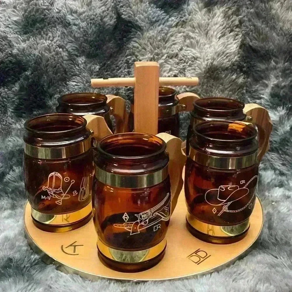 Vintage Siesta Ware Cowboy Barrel
Mugs & Wood  Serving Tray Set | - Picture 1 of 16